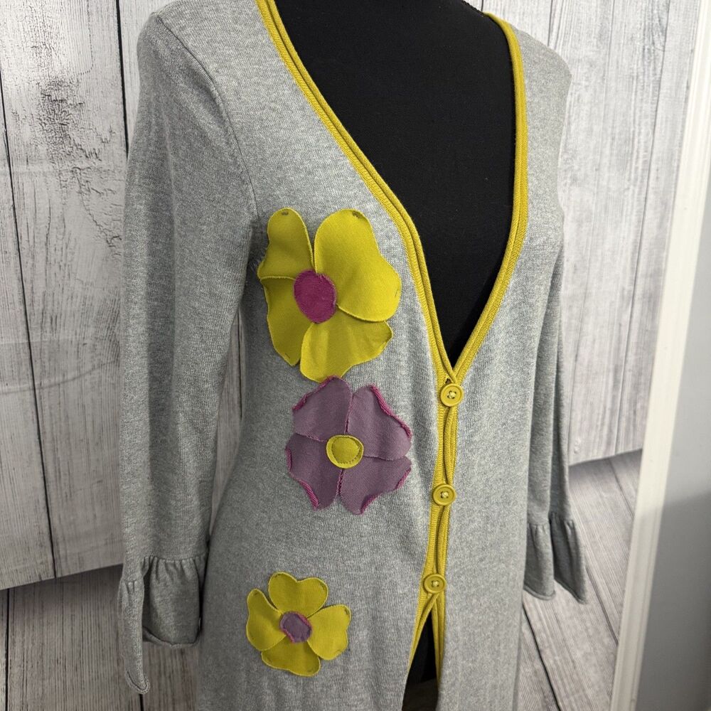 Nick & Mo Women's Small Gray Appliquéd Flowers Cotton Duster Cardigan Sweater - Picture 2 of 5